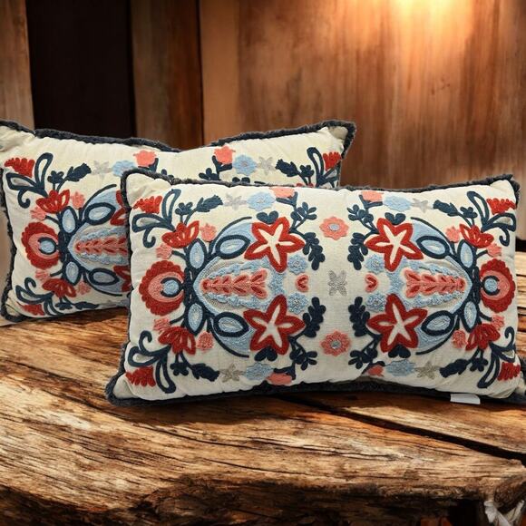 Set of 2 Embroidered Fringed Bold Floral Lumbar Throw Pillows Approx. 24x13x4" - Picture 3 of 16